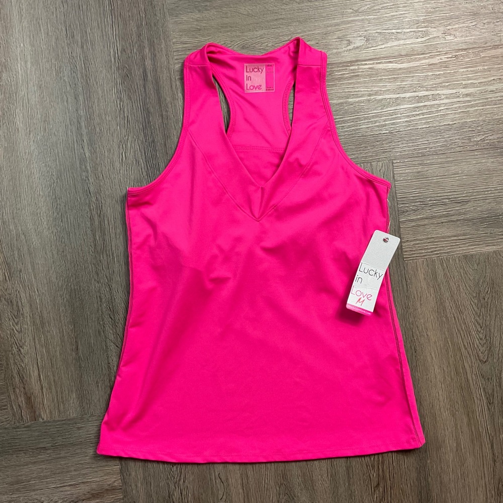 NWT Lucky in Love Tank Top Womens Medium Pink V-Neck Racerback Tennis Golf Sport